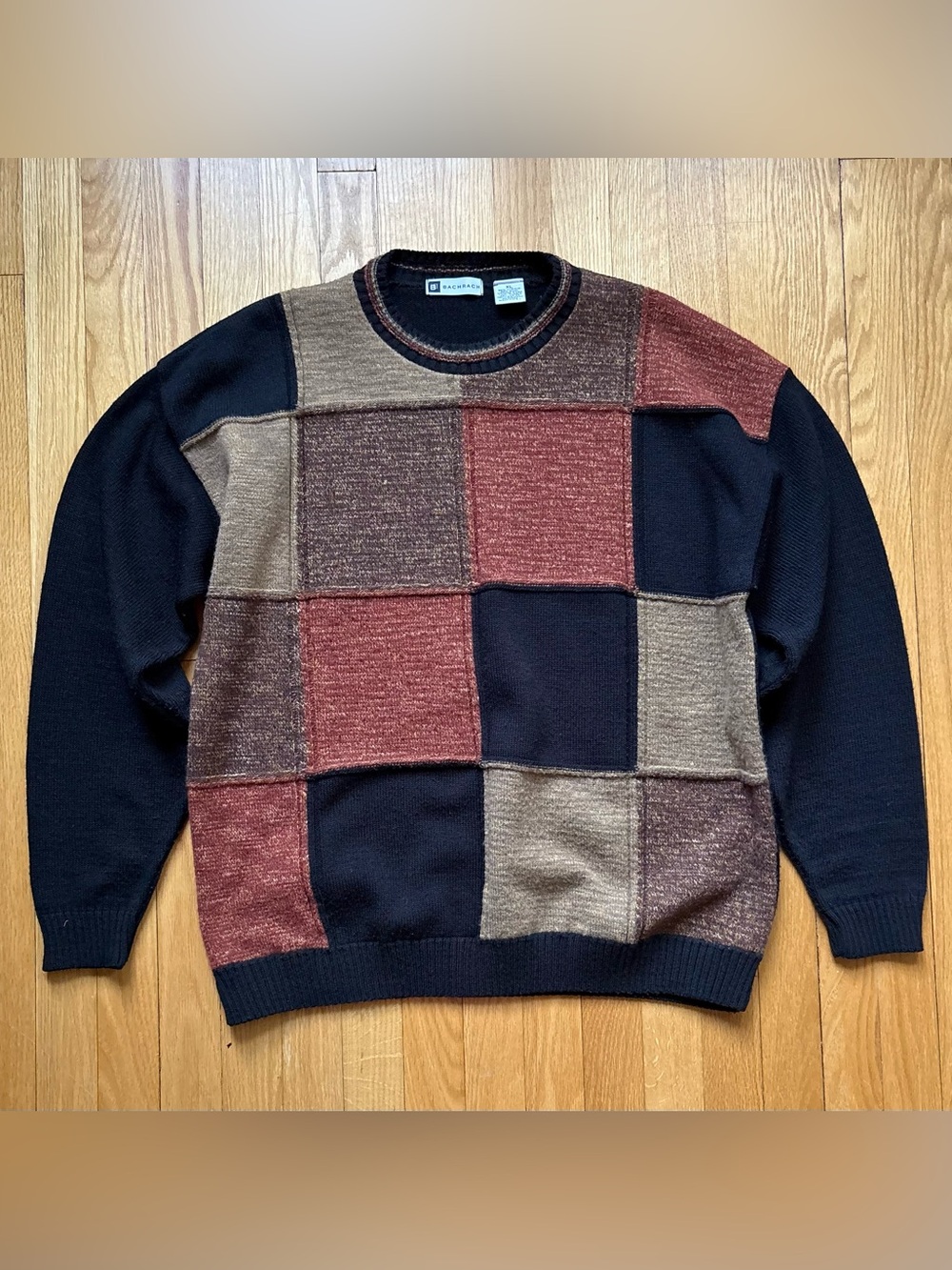 Vintage Bachrach Men’s Wool Acrylic Crewneck Sweater XL Multicolor Patchwork USA
